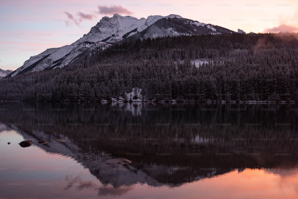 Un lago con una montagna innevata sullo sfondo