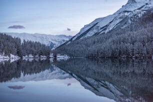 a lake with snow covered mountains