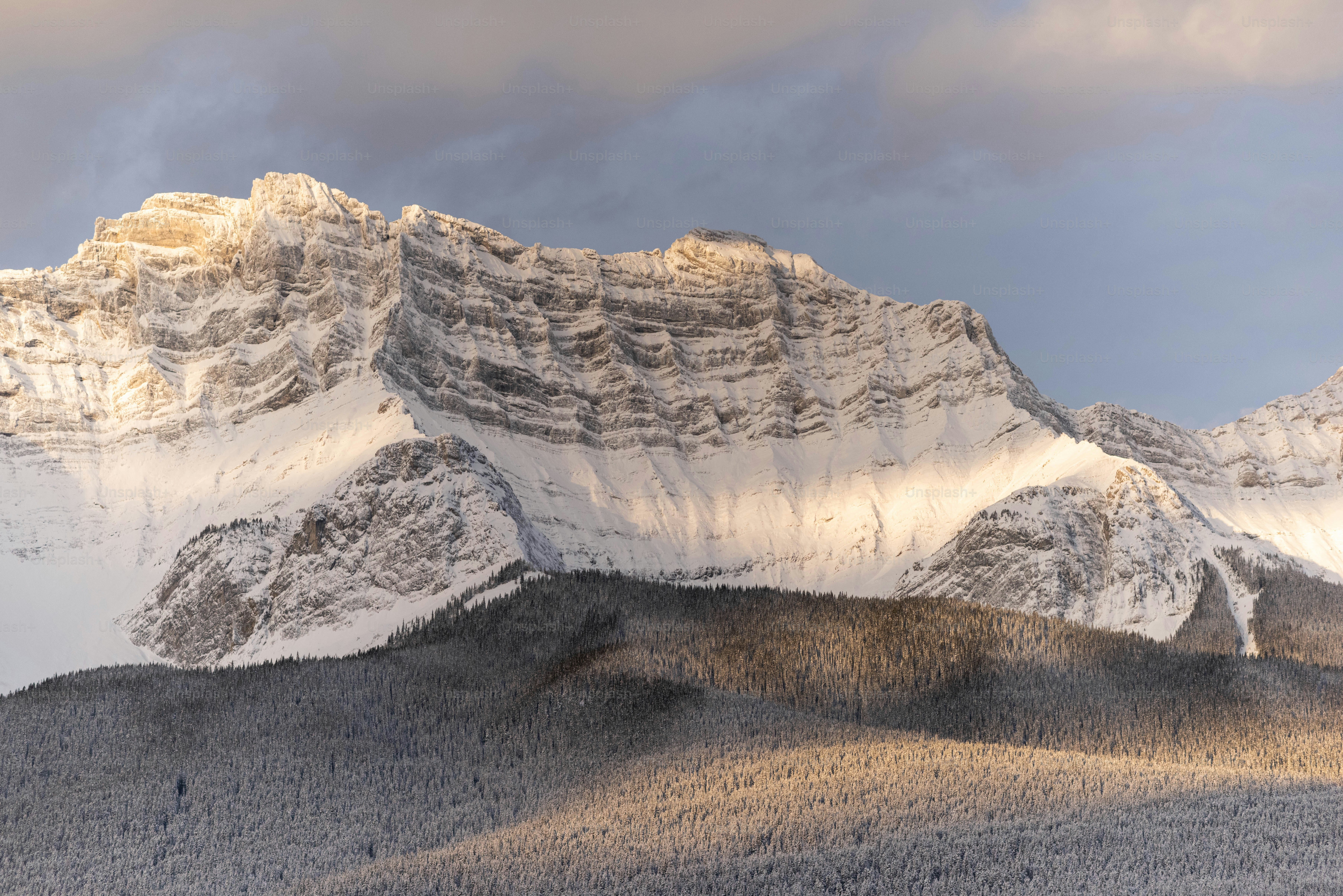 a snowy mountain with a valley below