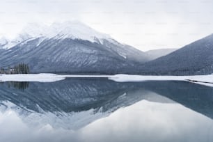 a lake with snow and mountains in the background