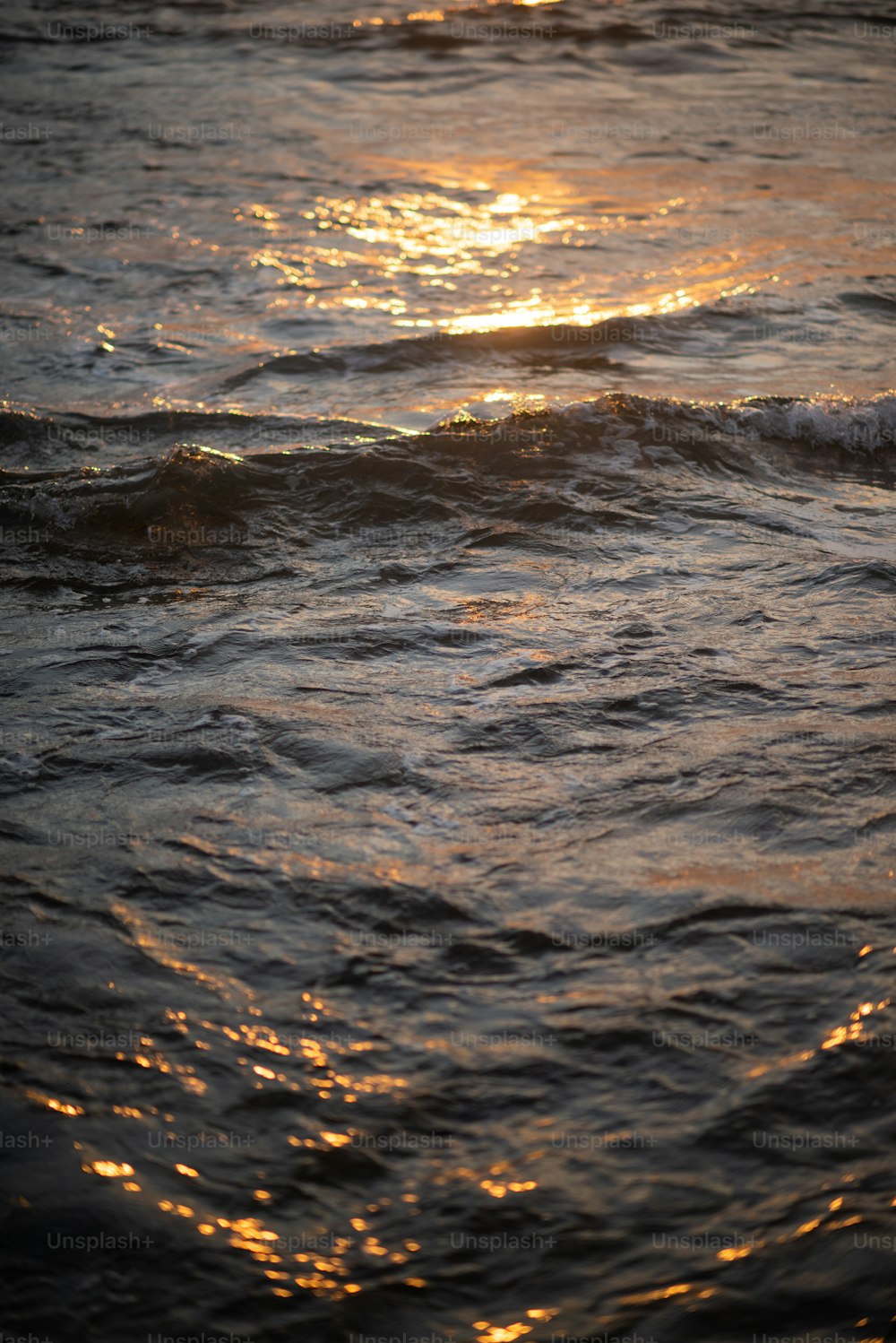 Ein Gewässer mit Wellen und Sonnenuntergang