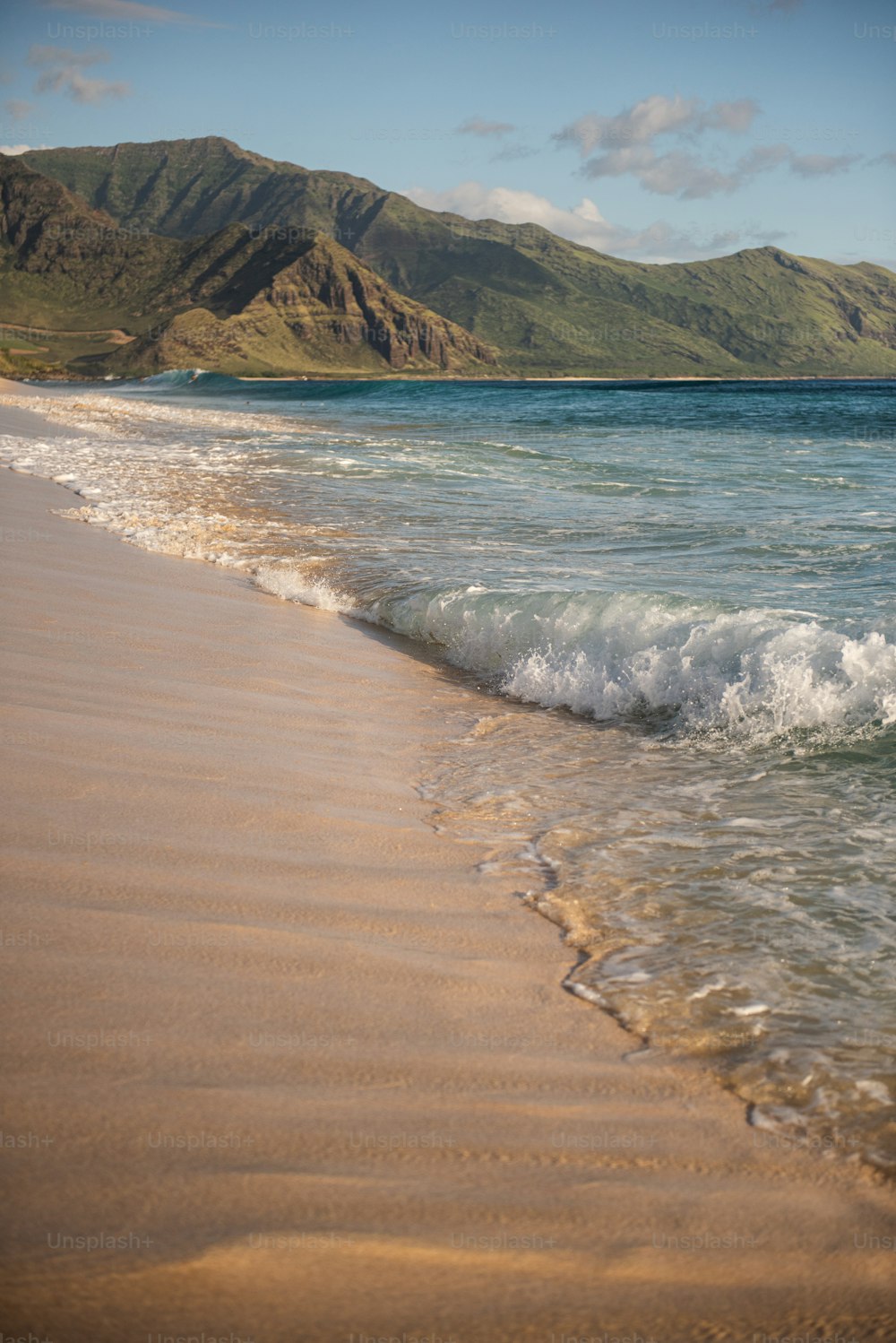 a beach with waves and mountains in the background