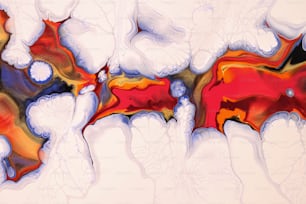 Ein abstraktes Gemälde aus Rot, Gelb und Blau