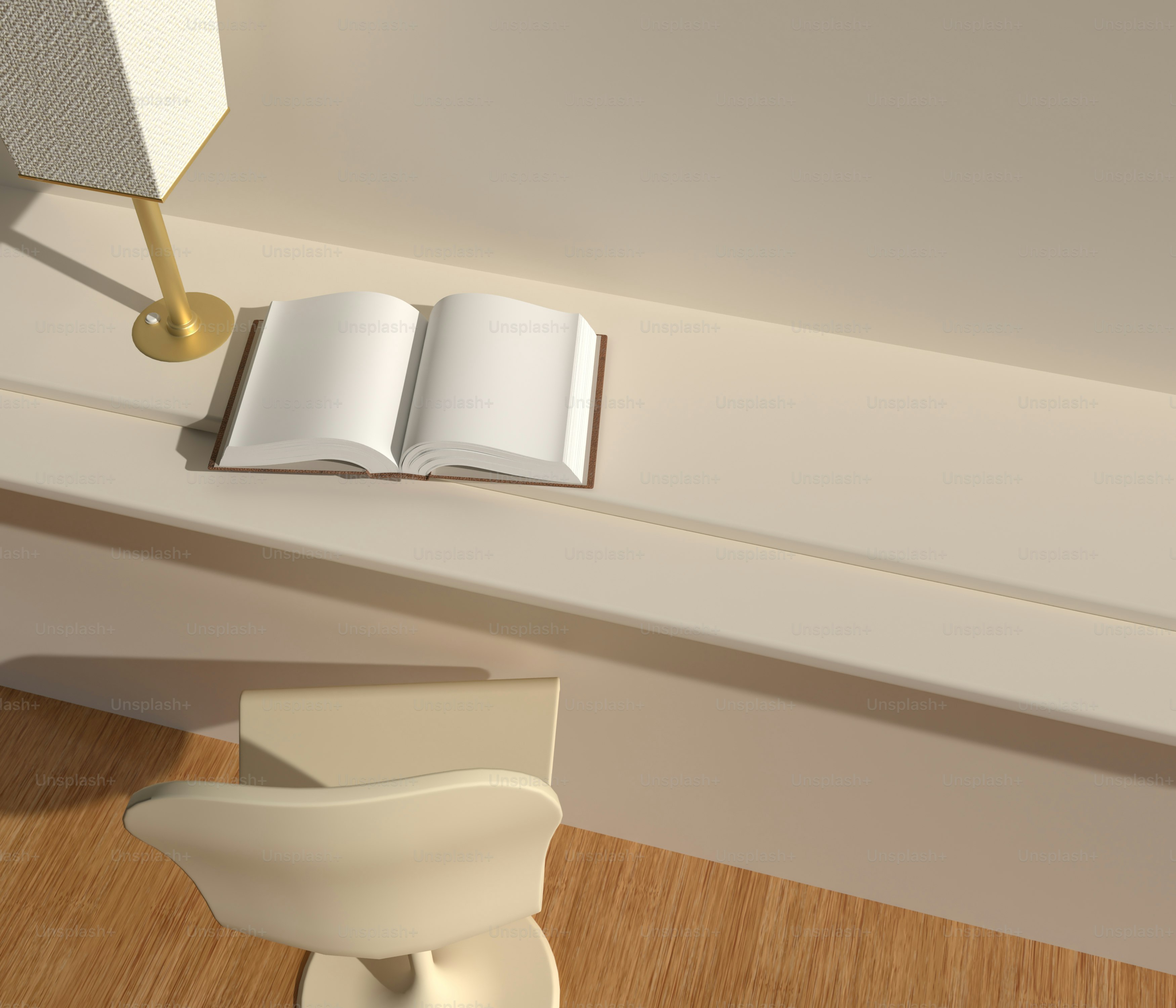 a white shelf with a lamp and a white chair