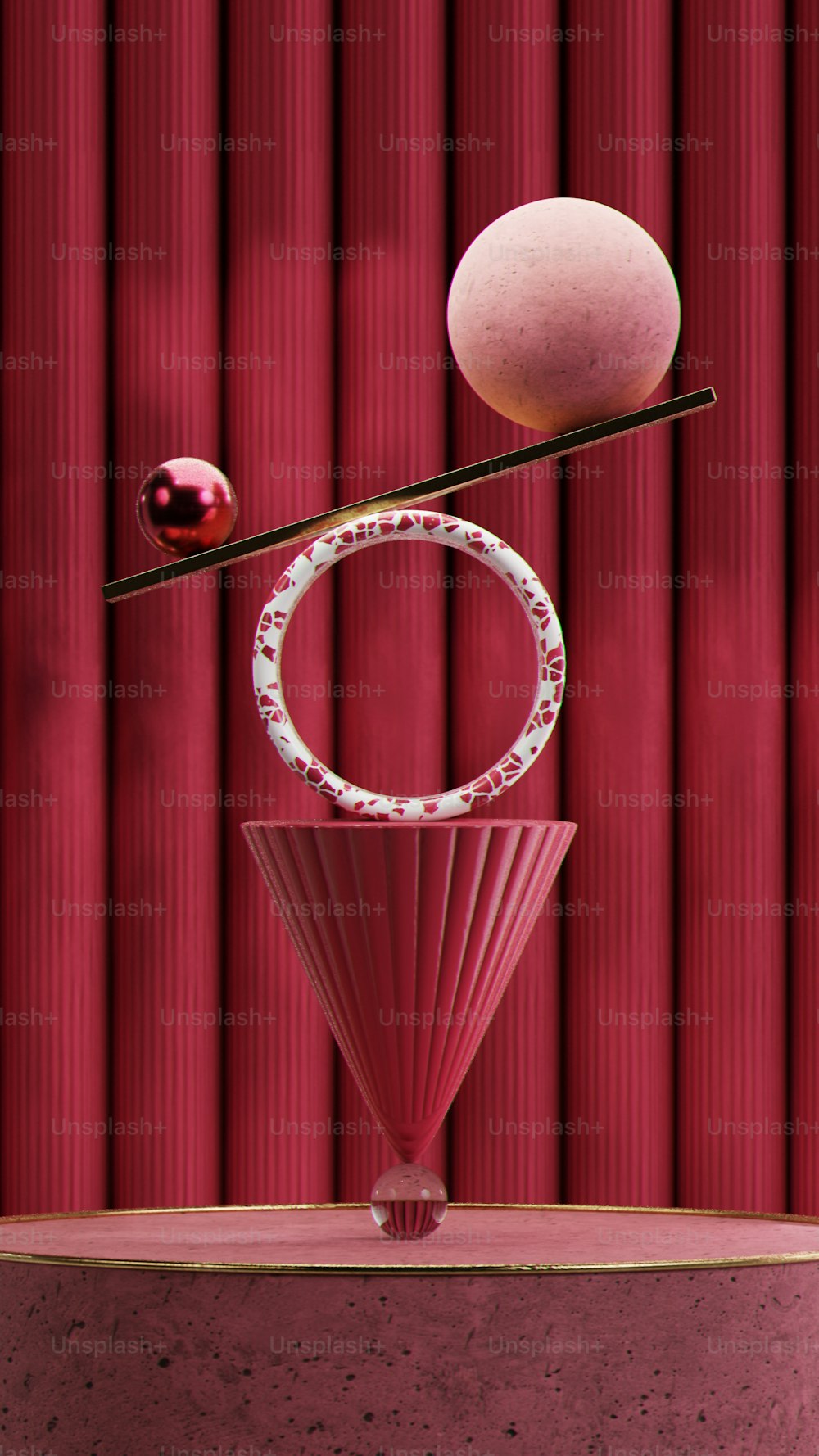 a red curtain with a white ball and a red curtain
