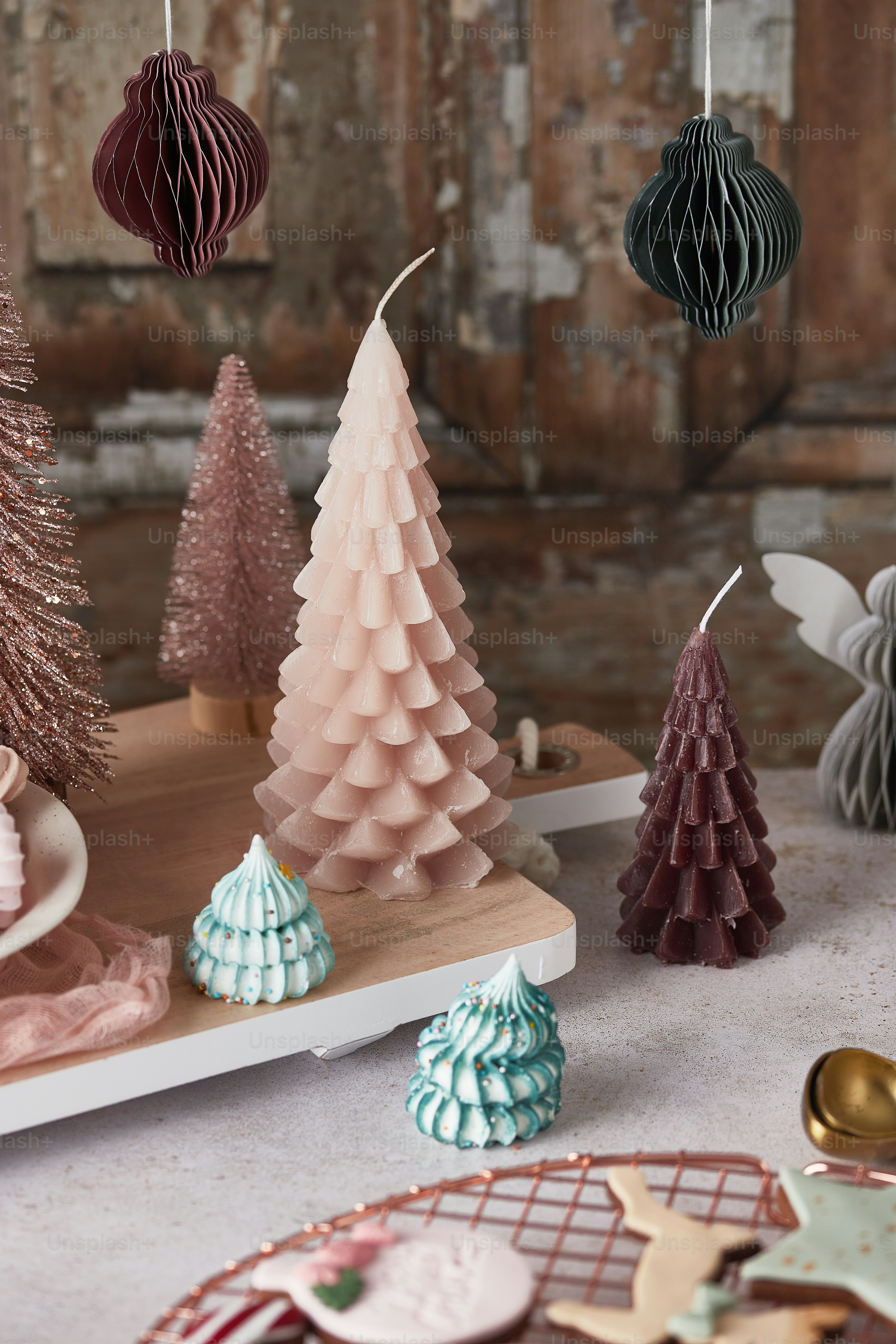 a table with a group of decorated trees