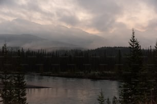 a lake surrounded by trees and mountains