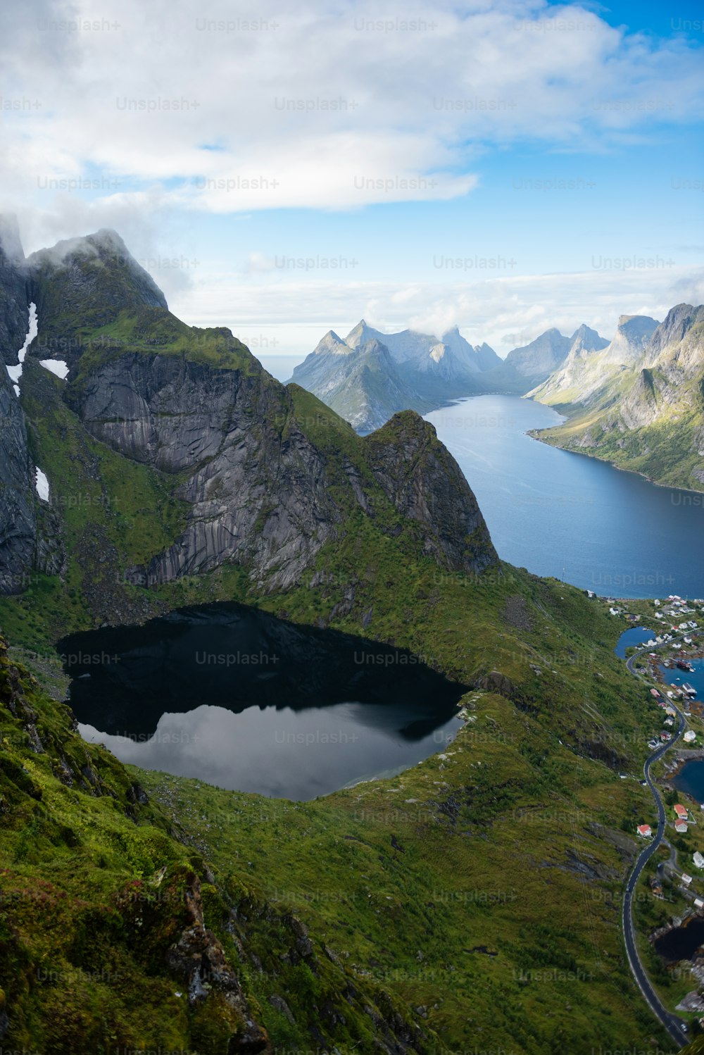 a lake between mountains