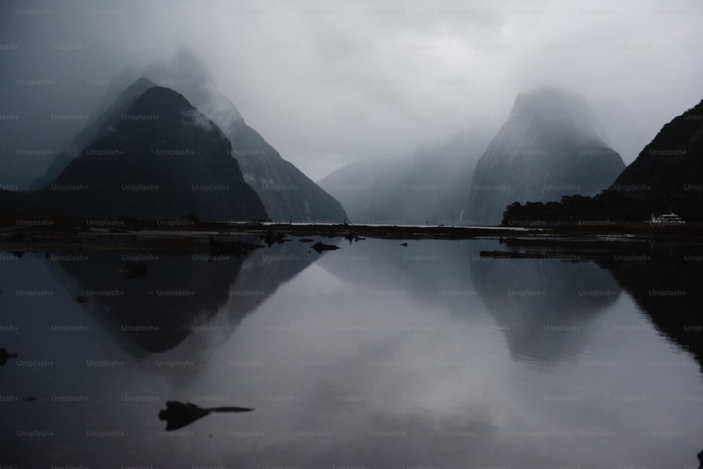 un plan d’eau avec des montagnes en arrière-plan avec Milford Sound en arrière-plan