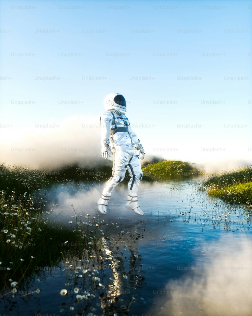 a person in a space suit standing in a puddle of water