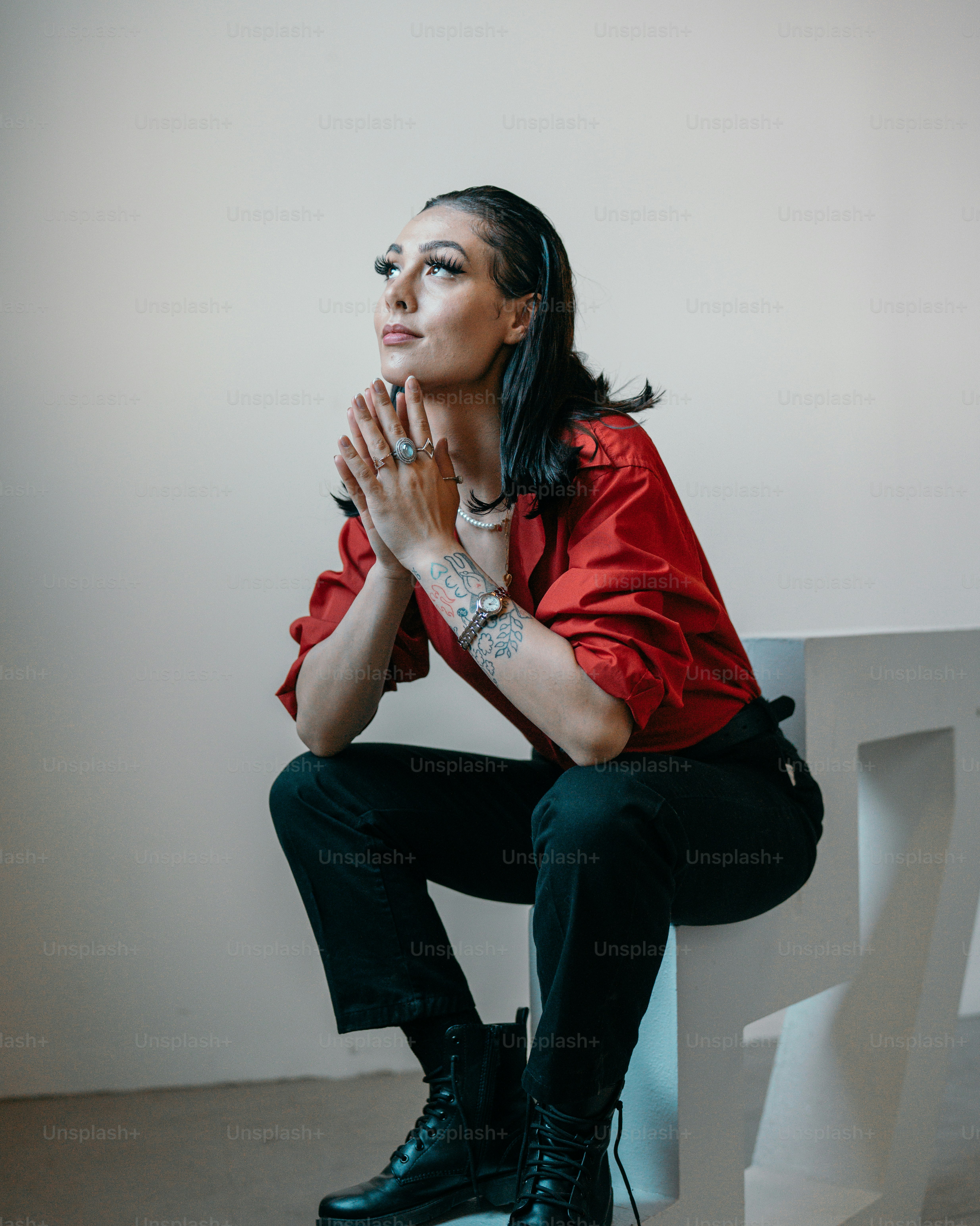 a woman sitting on a staircase