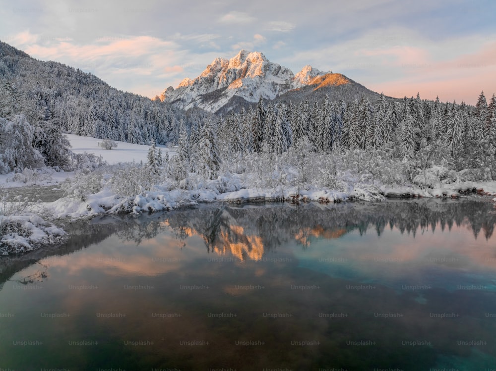 a snowy mountain range reflected in a lake