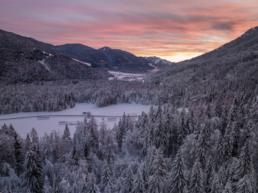 a river surrounded by trees and mountains