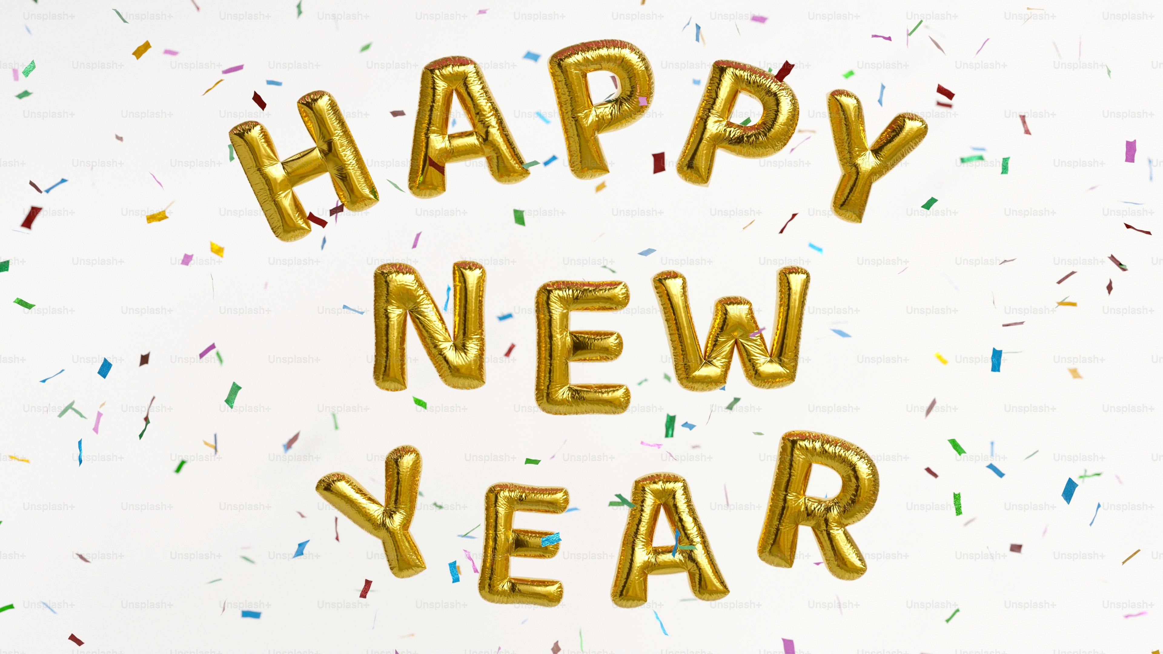 Happy New Year in gold balloons with a background of multicolored confetti