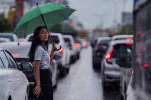 アジアの女性は雨が降っている間に通りを横切って歩く傘を使う