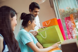 Group of people Asian shopping mall her surprise. they came to cafe