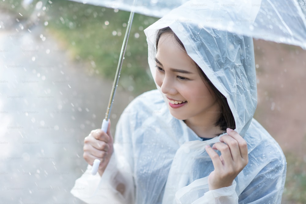 Rainy day asian woman wearing a raincoat outdoors. She is happy.