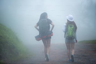 Los turistas viajan caminando en presencia de niebla.