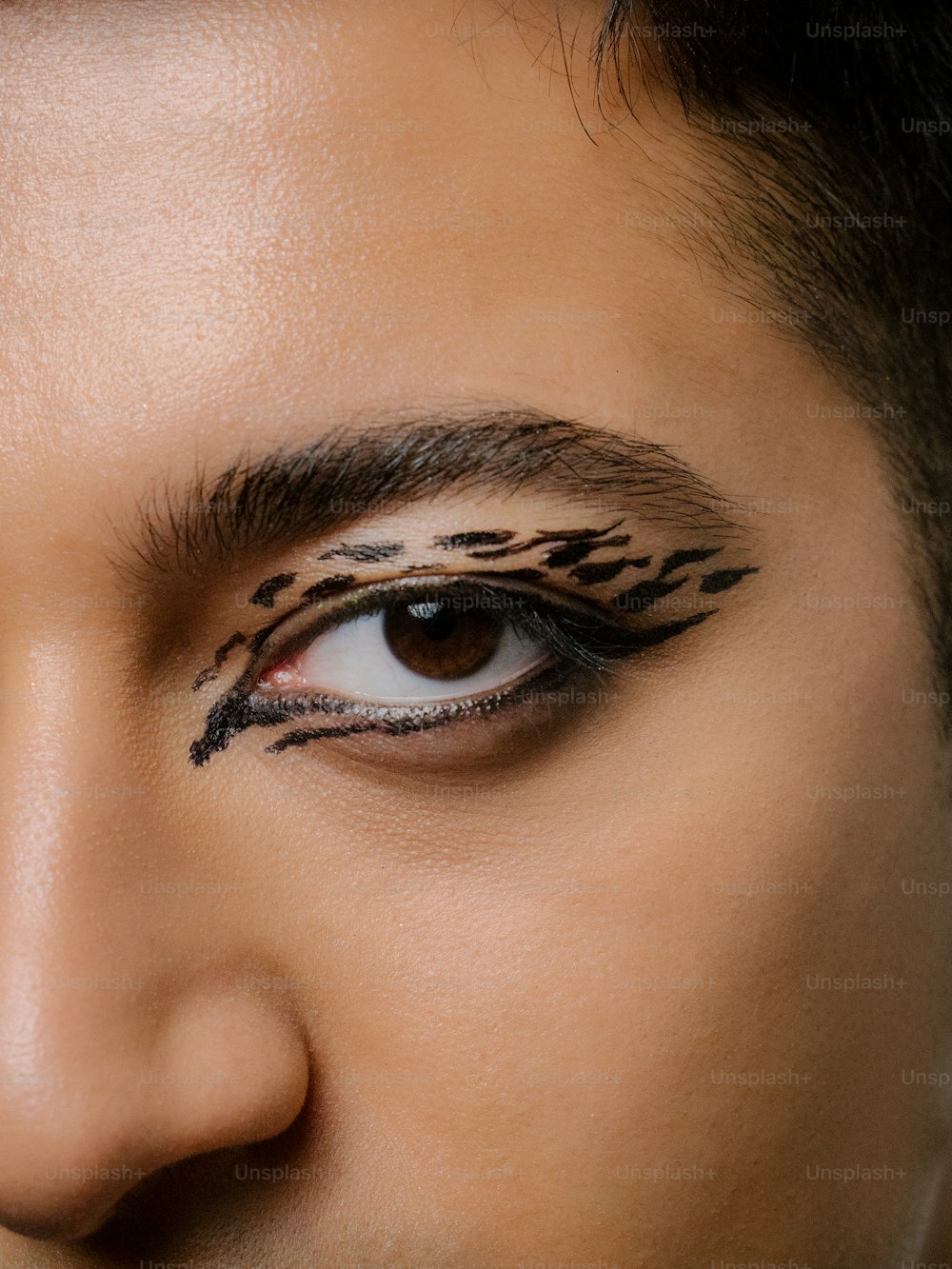 a close up of a person's face with eyeliners