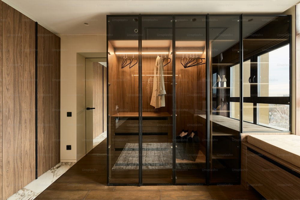 a room with glass doors