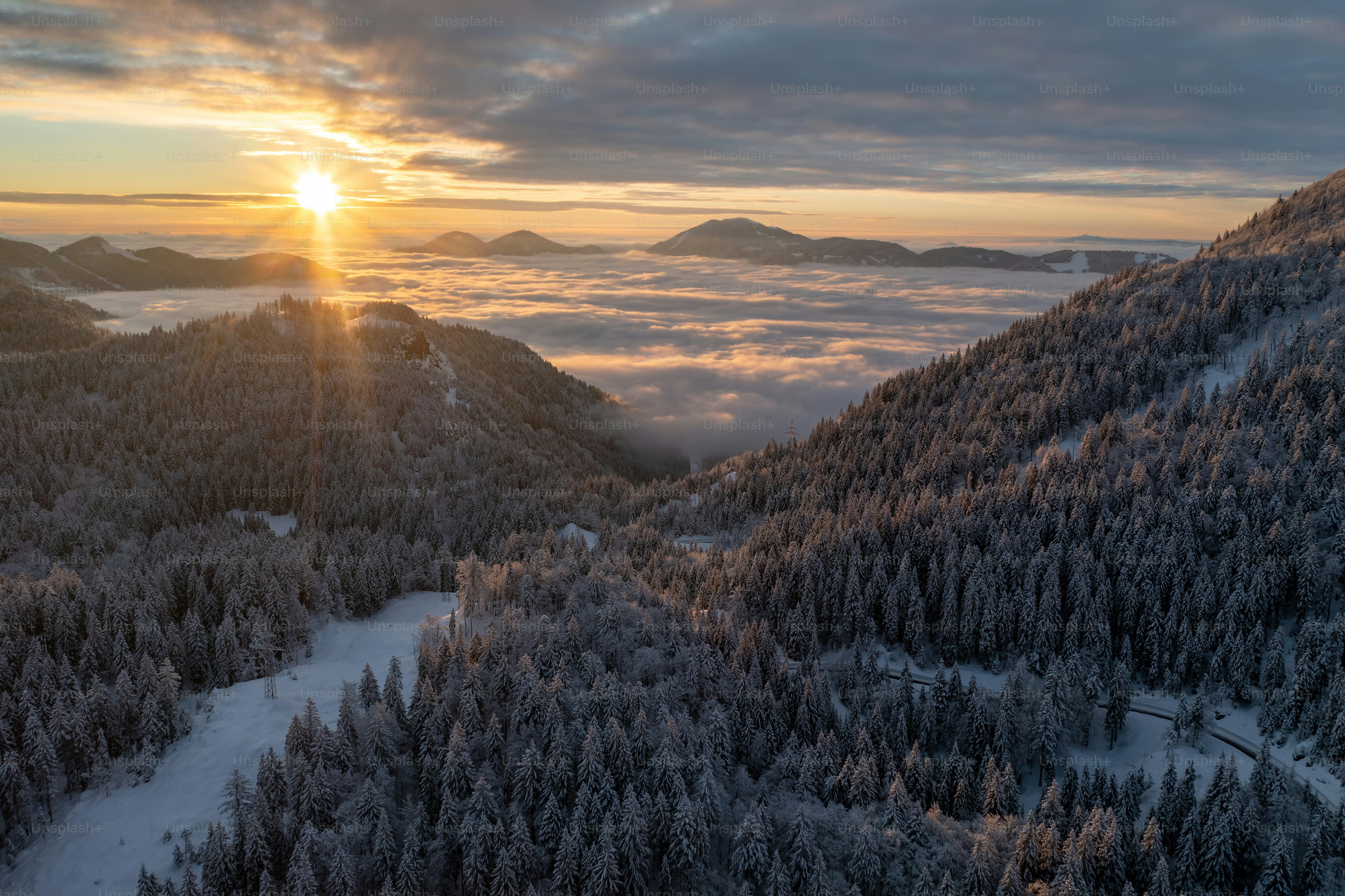 Un paisaje nevado con árboles y una puesta de sol