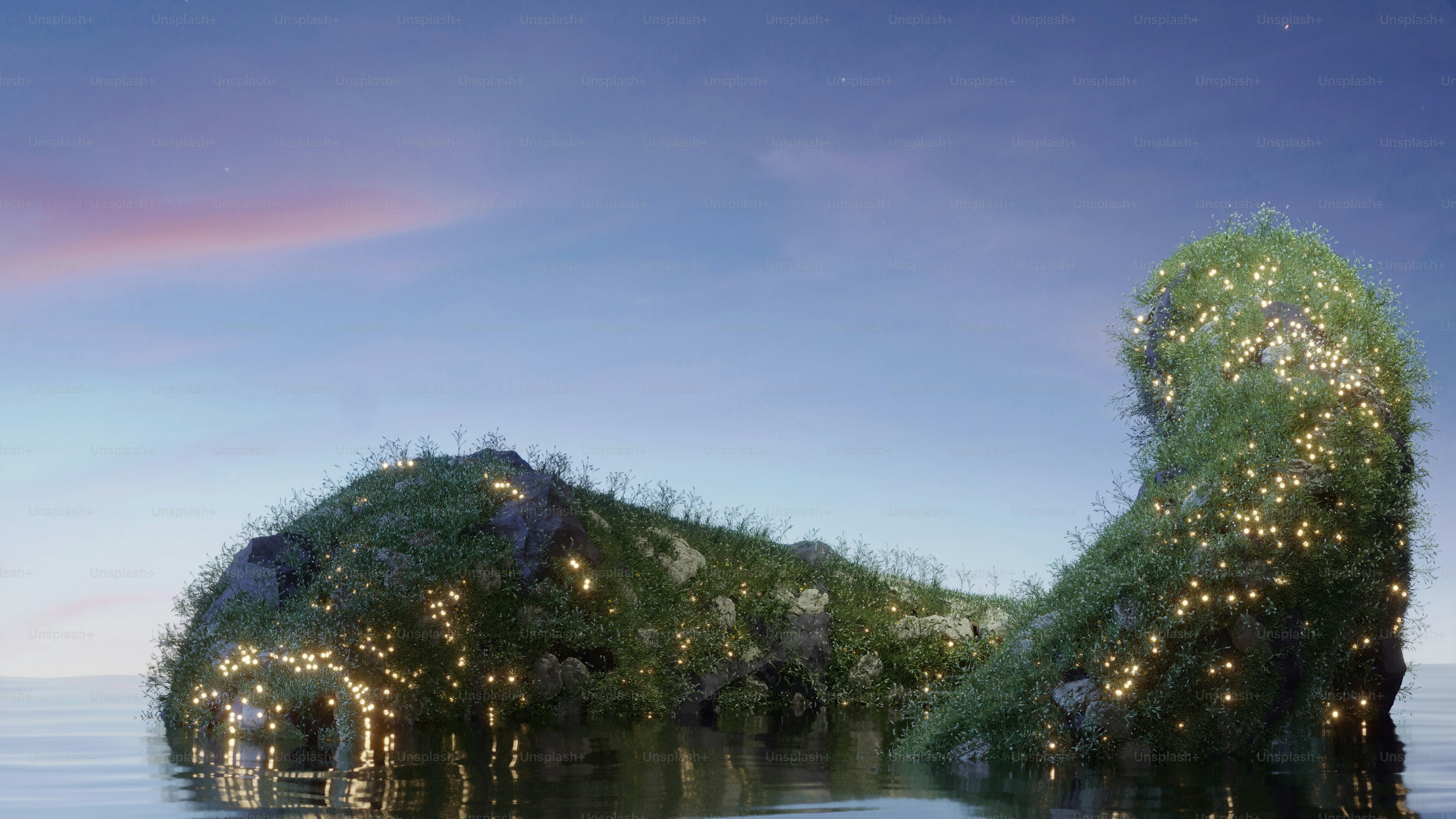 a body of water with trees and lights on it