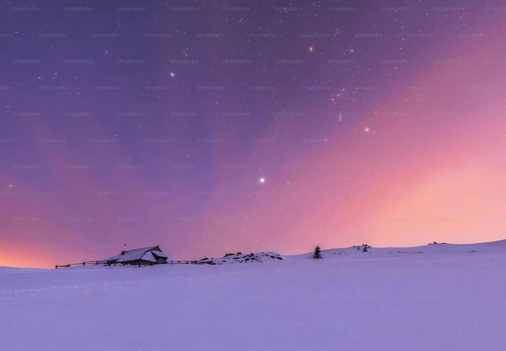 uma paisagem nevada com um céu roxo