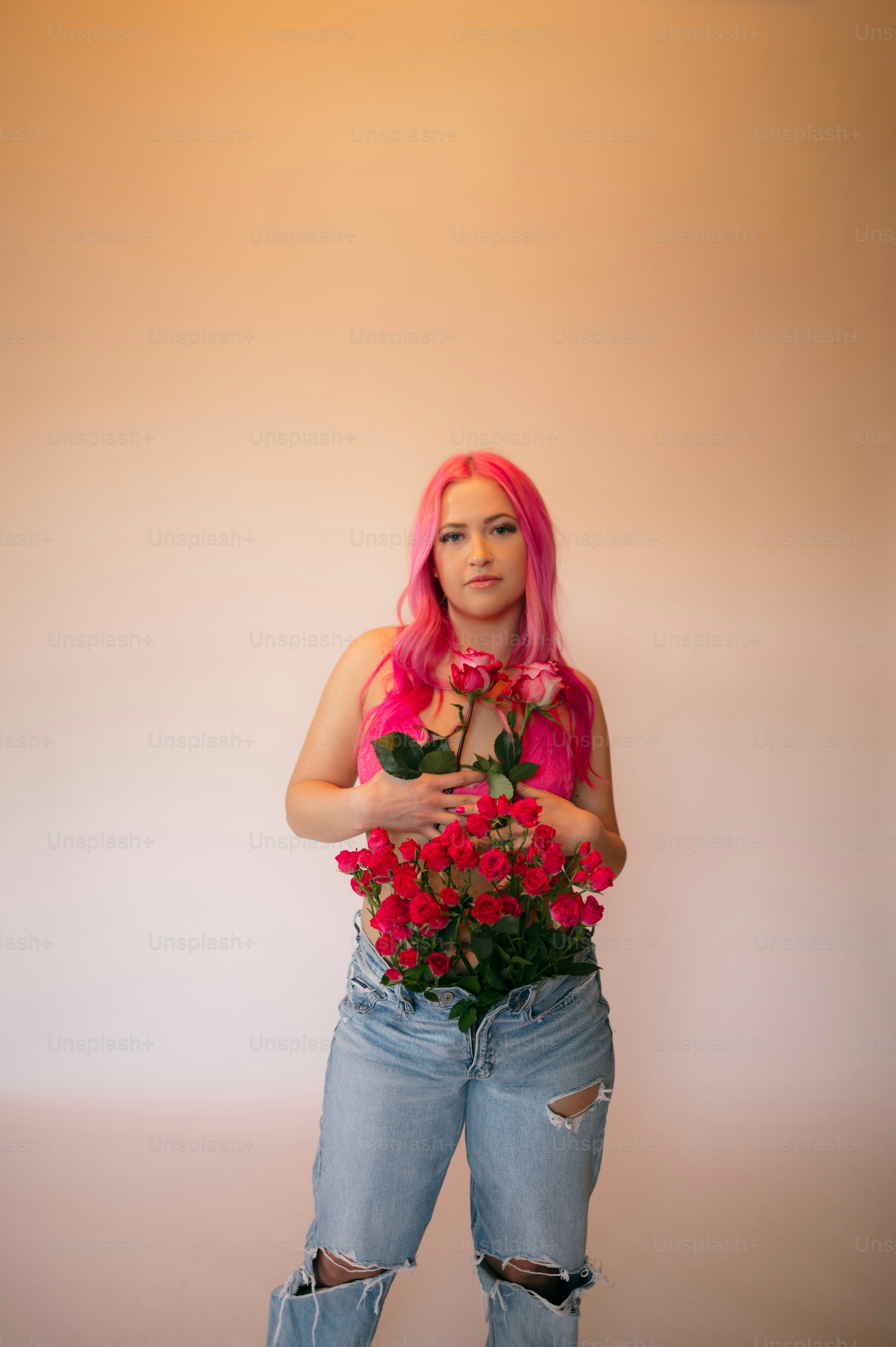 a woman with pink hair