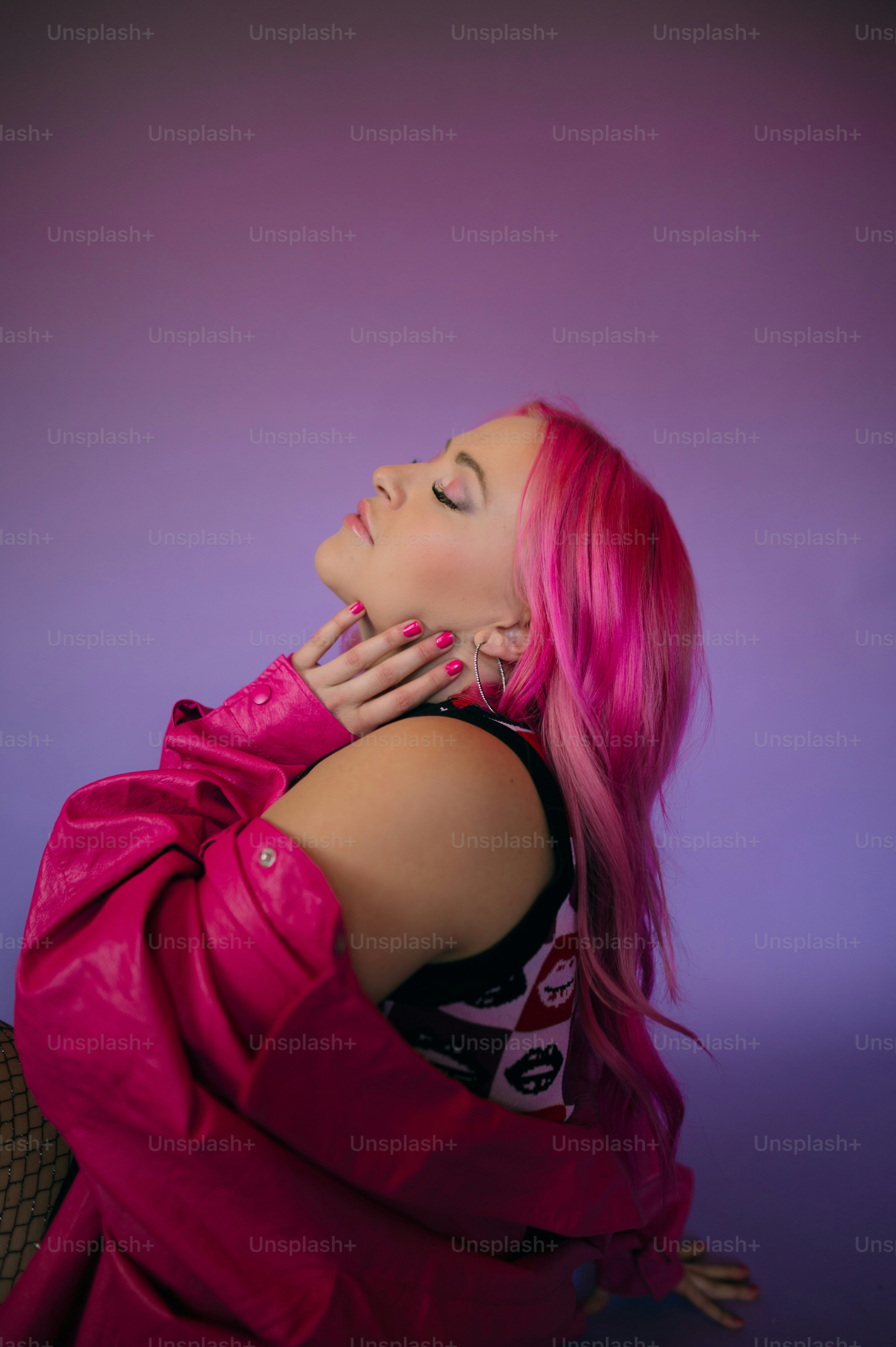 a woman with pink hair