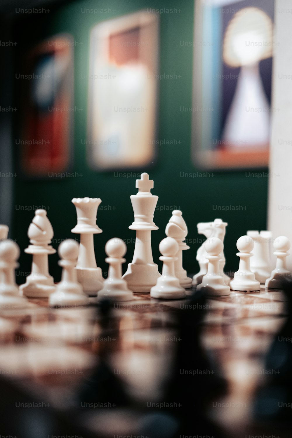 a chess board with white pieces