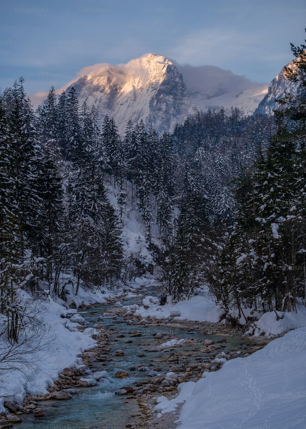 a snowy mountain with trees and a river