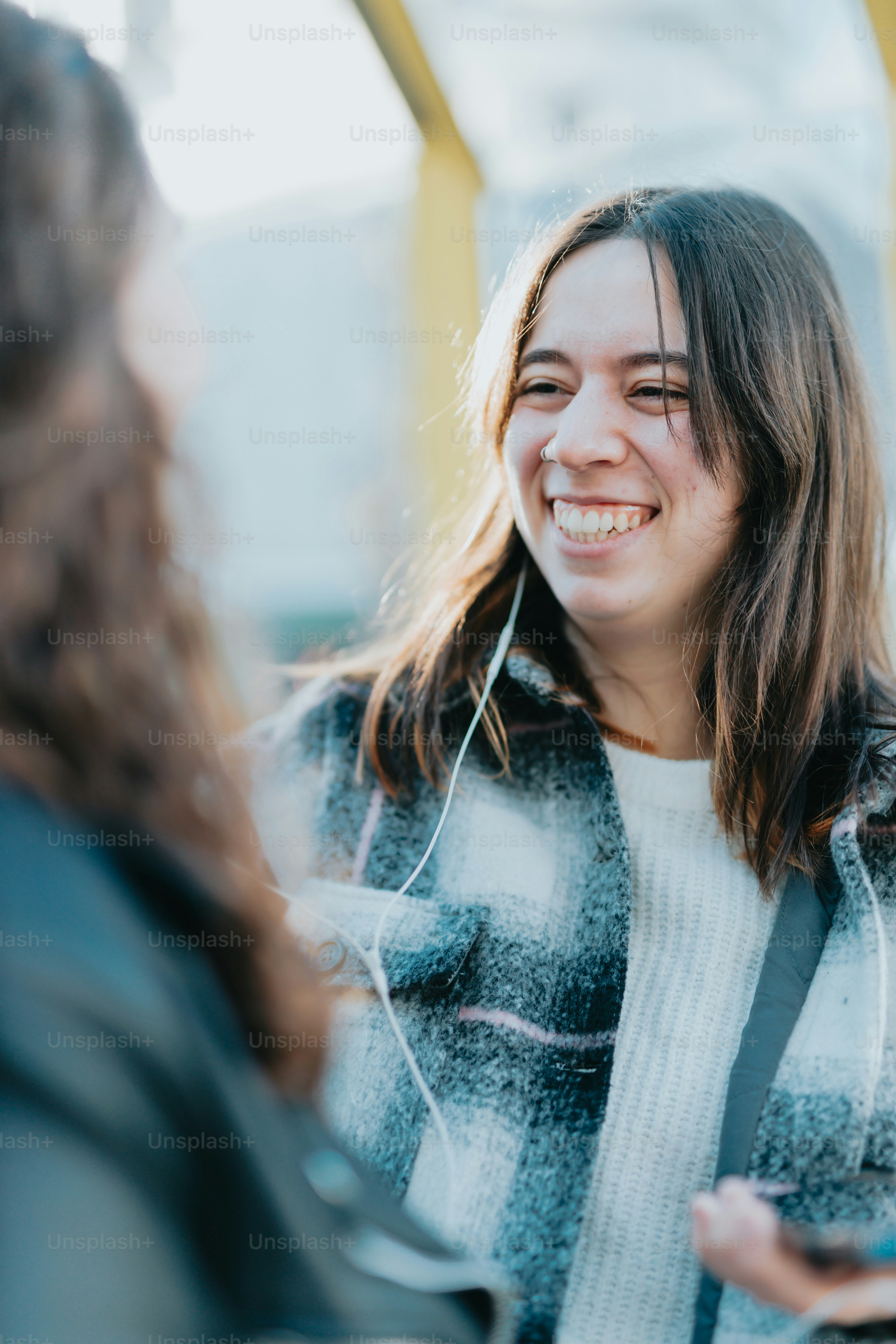 a woman smiling at something