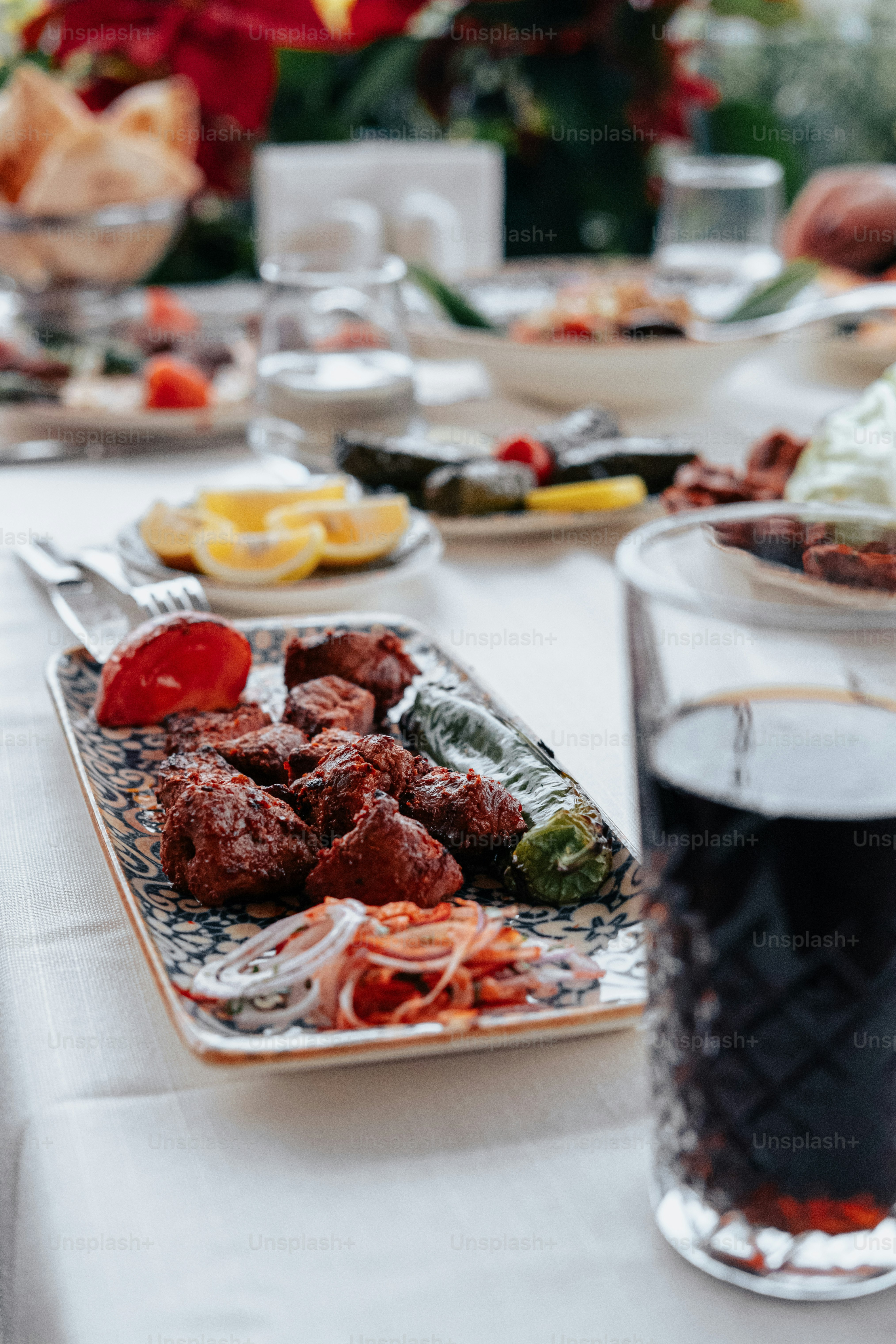 a table is filled with food