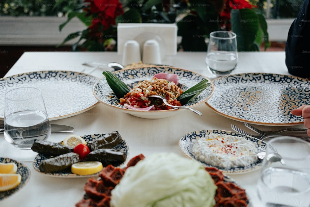 a table is filled with food