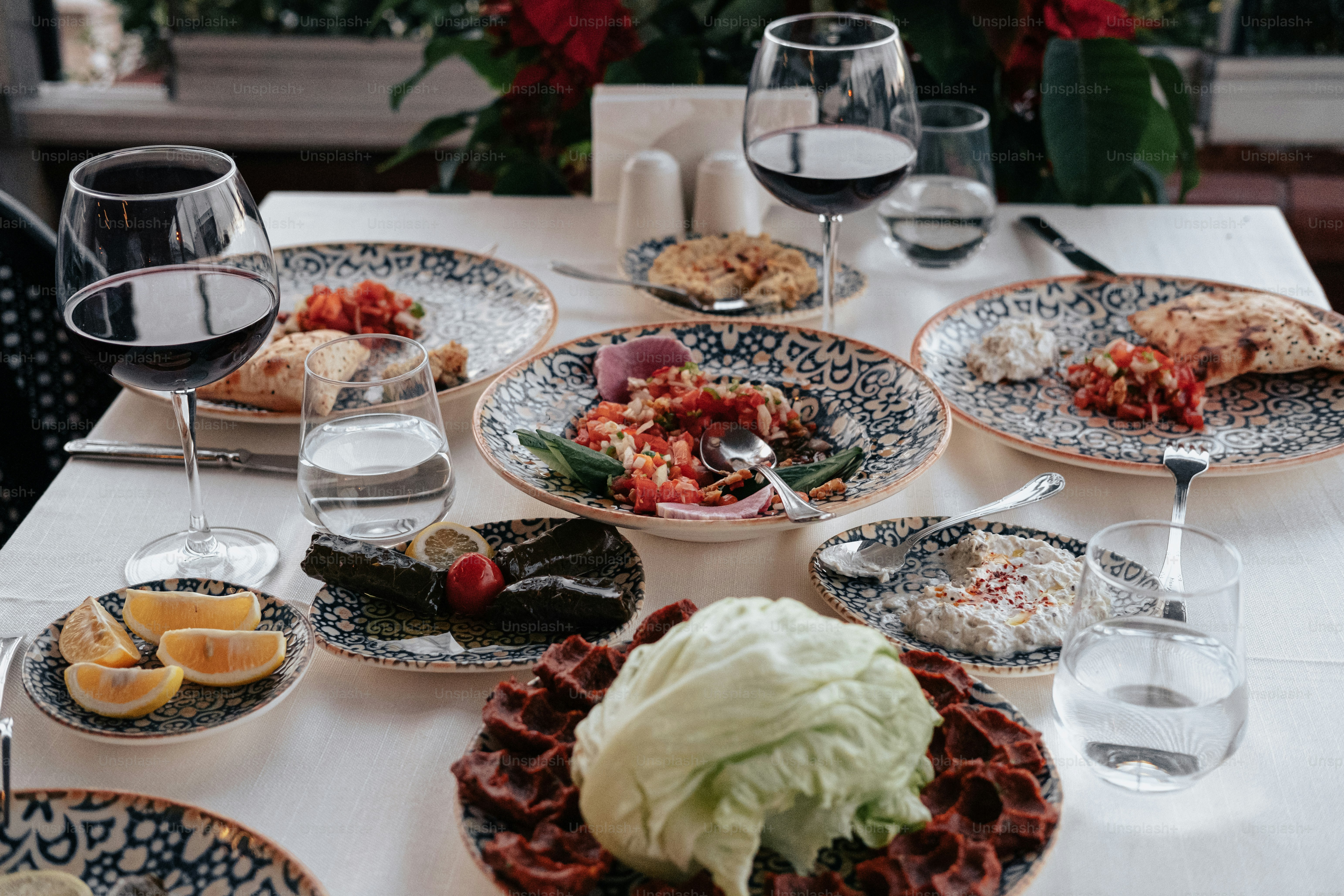 a table is filled with food