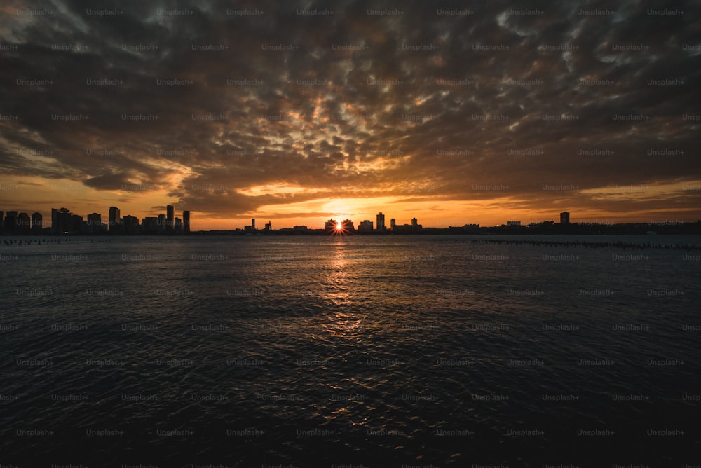 a body of water with a city in the background