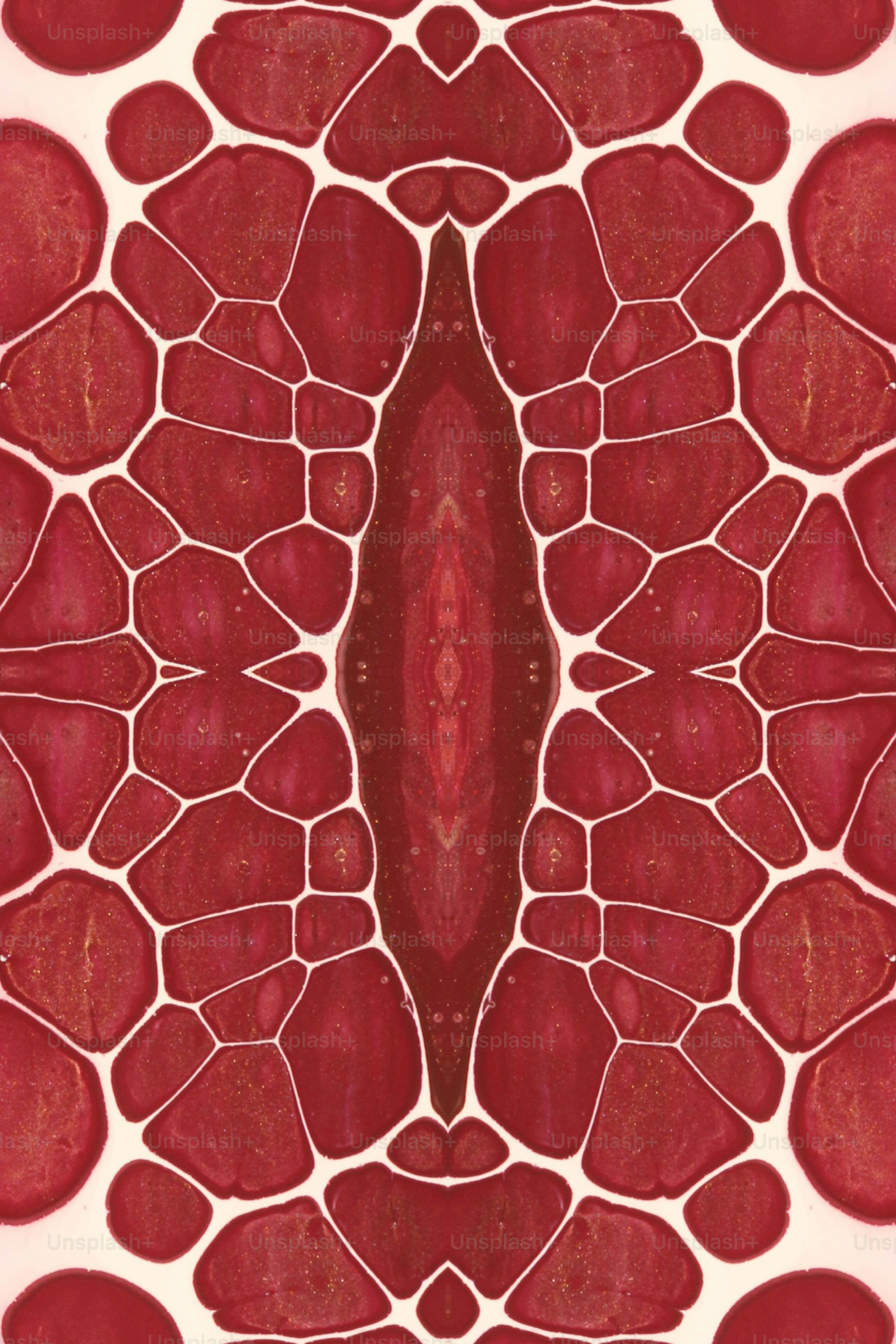 a red and white polka dot background