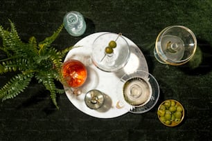 a plate with food and glasses on it