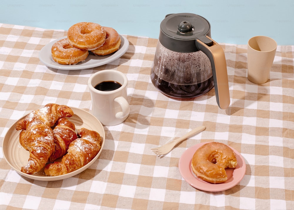 a table with breakfast food