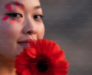 una persona con un fiore rosso in bocca