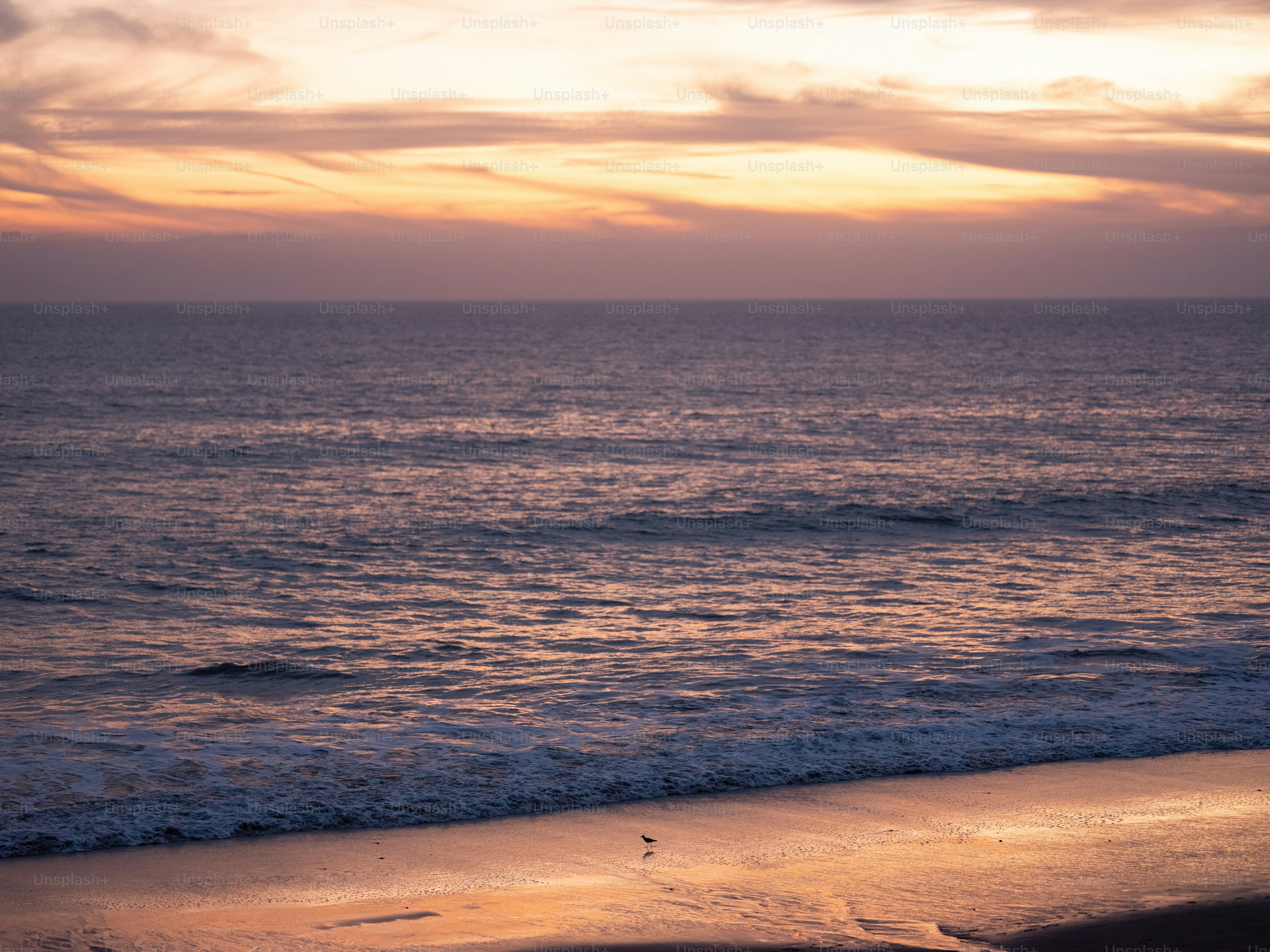 a beach with waves and a sunset