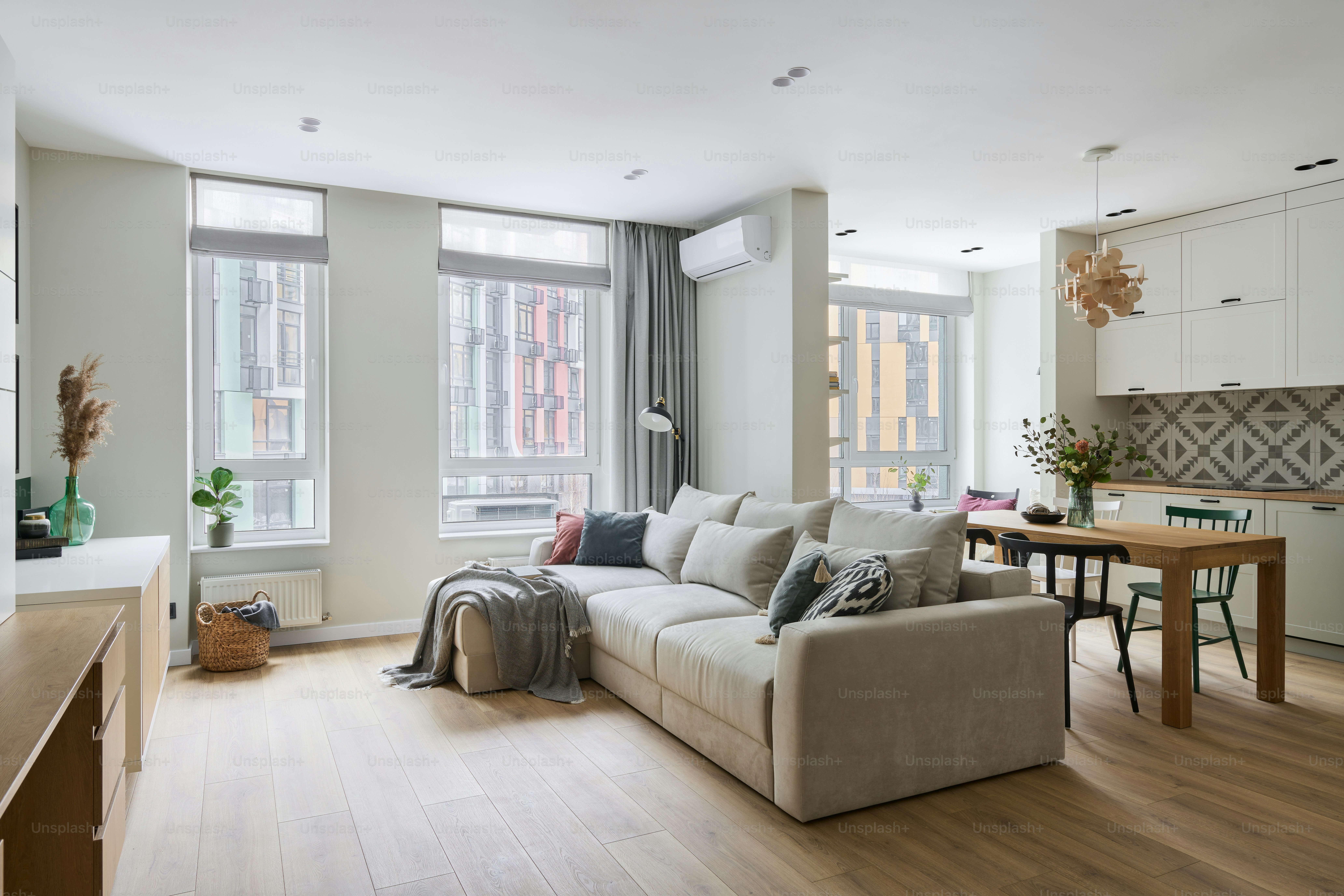 a large living room with a large window