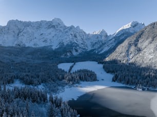 Ein See, umgeben von schneebedeckten Bergen