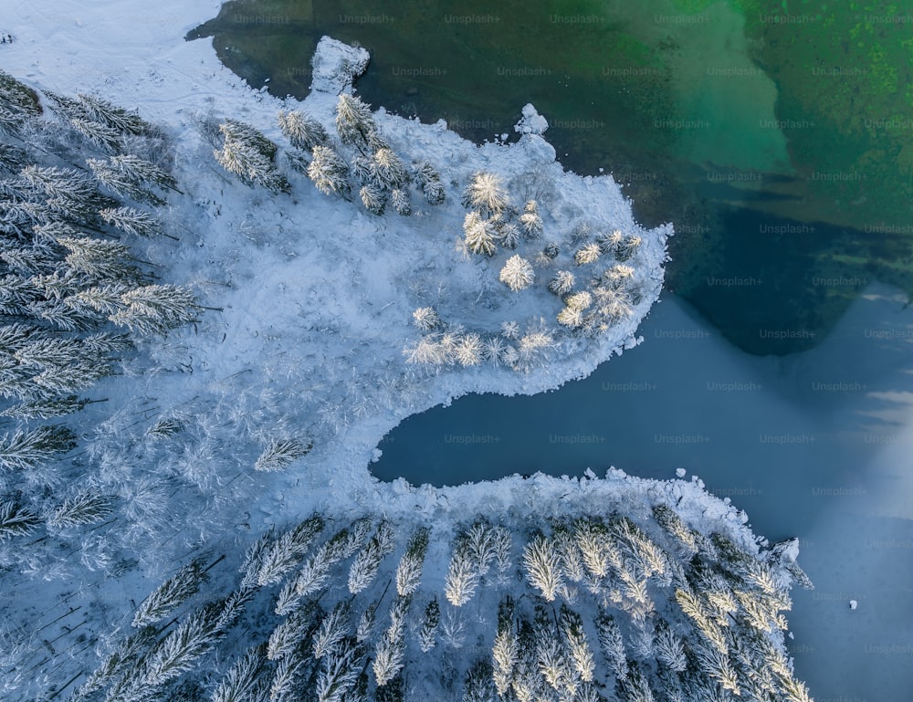 an aerial view of snow covered trees and water