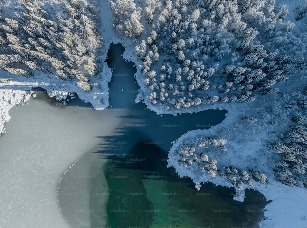 an aerial view of a river surrounded by snow covered trees