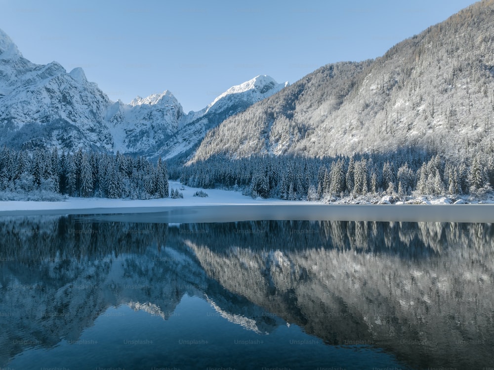 Un lago rodeado de montañas cubiertas de nieve y árboles