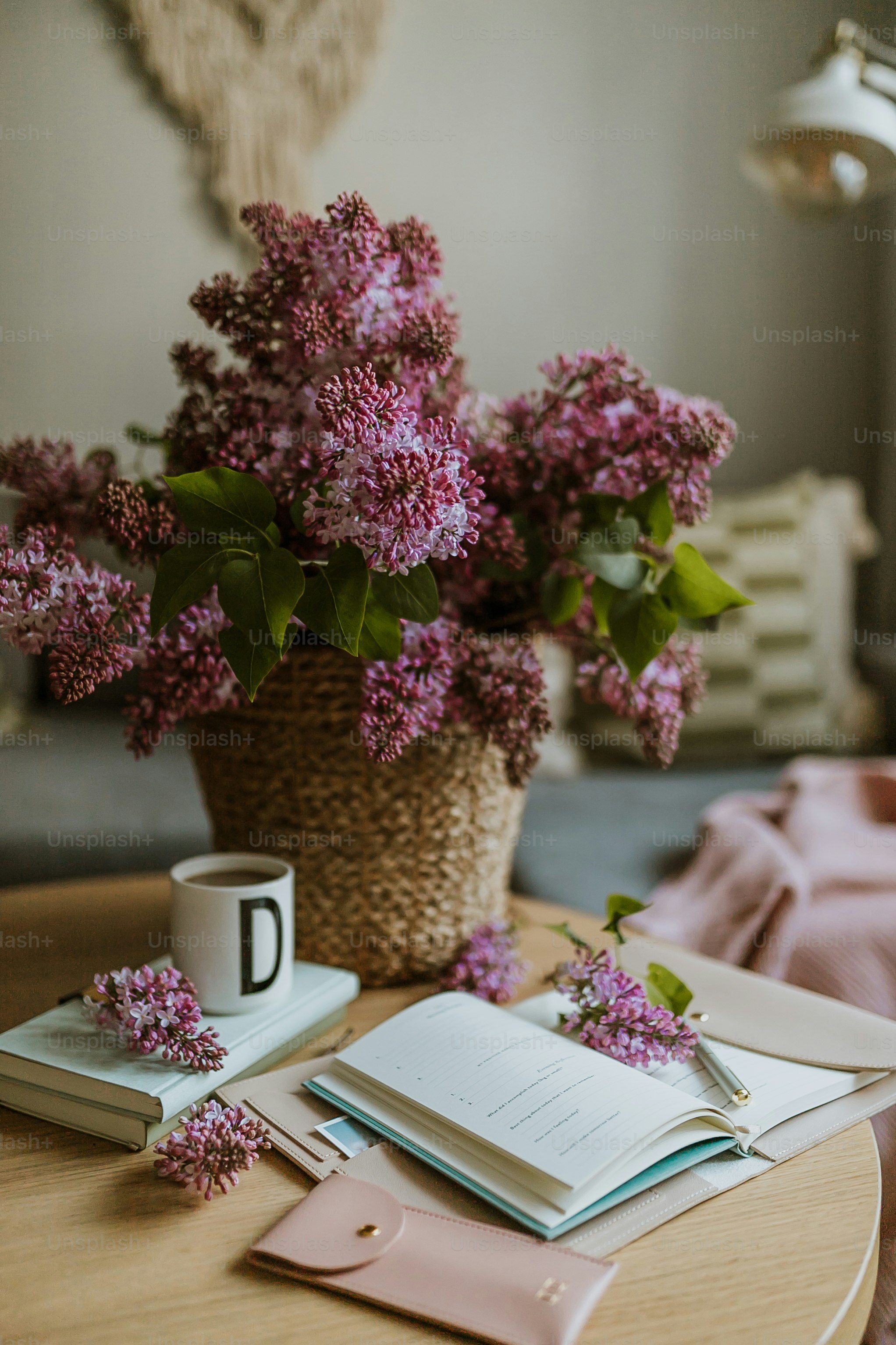 a basket of purple flowers
