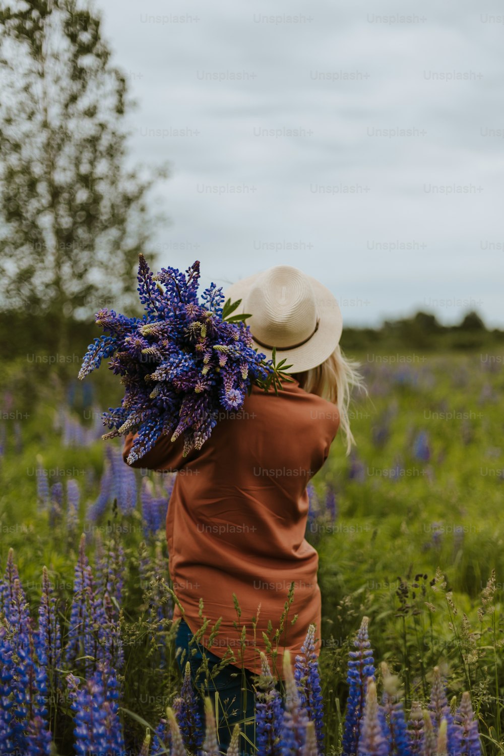Eine Person mit Hut in einem Blumenfeld