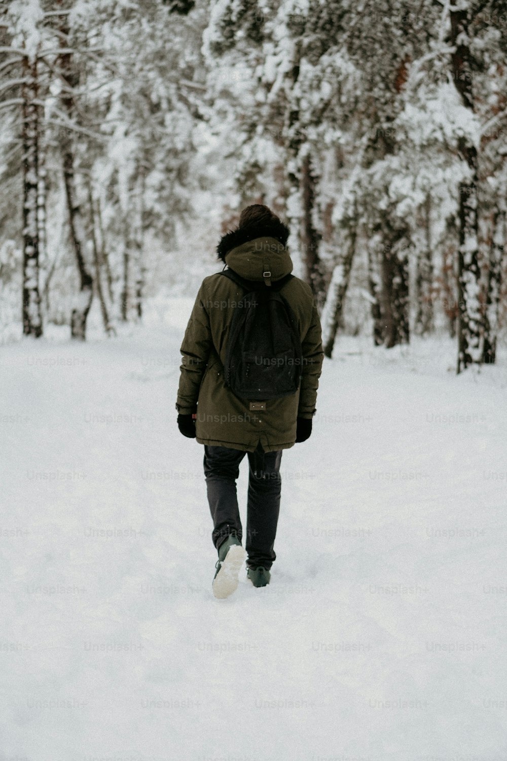 uma pessoa andando através de uma floresta coberta de neve