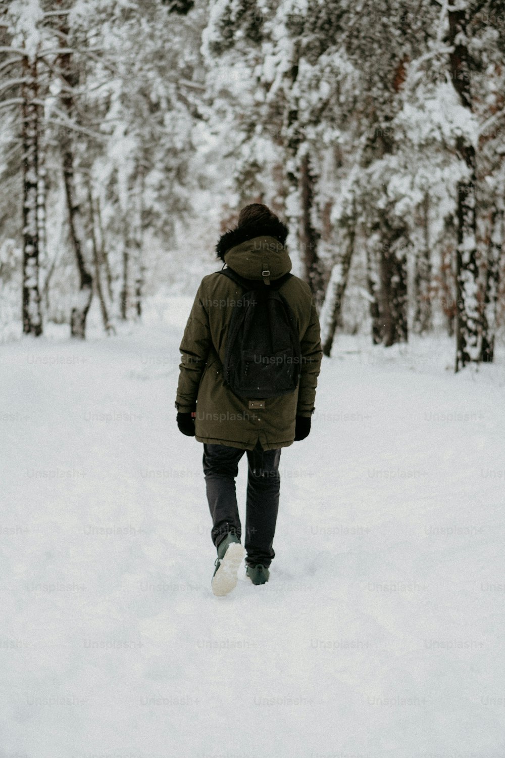 a person walking through a snow covered forest